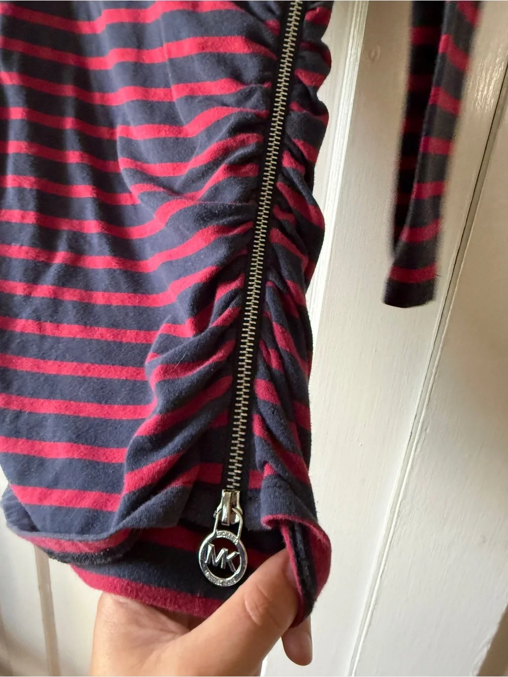 Michael Kors Navy and Red Striped Long Sleeve Ruched Side Top size S